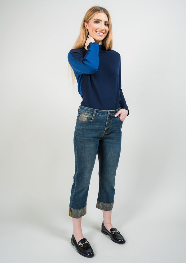 lisette l MEDALLION PRINTED DENIM 26" Cuff Jean | | Five Pocket | Zip Fly DARK DENIM