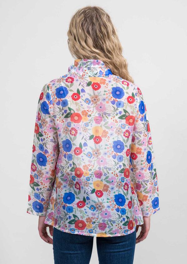 Lisette L Multicolor Floral Print Wide Collar Long A-Line Jacket Red/Blue Multi
