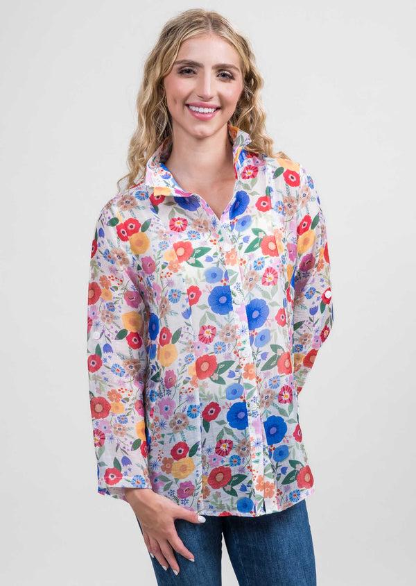 lisette l Multicolor Floral Print Wide Collar Long A-Line Jacket Red/Blue Multi