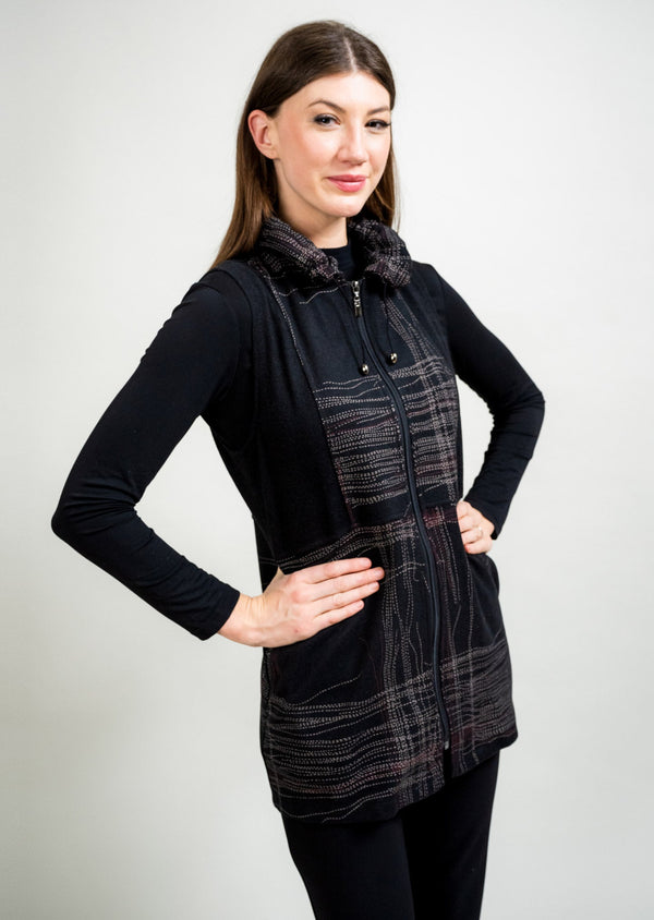 Lisette L RED/TAN/BLACK ZIP UP VEST WITH DRAWSTRING COLLAR RED/TAN/BLK