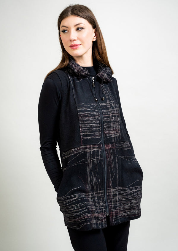 lisette l RED/TAN/BLACK ZIP UP VEST WITH DRAWSTRING COLLAR RED/TAN/BLK