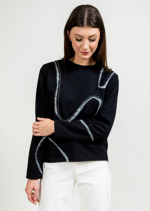 lisette l SWIRL FELTED CREWNECK SWEATER BLACK/IVORY