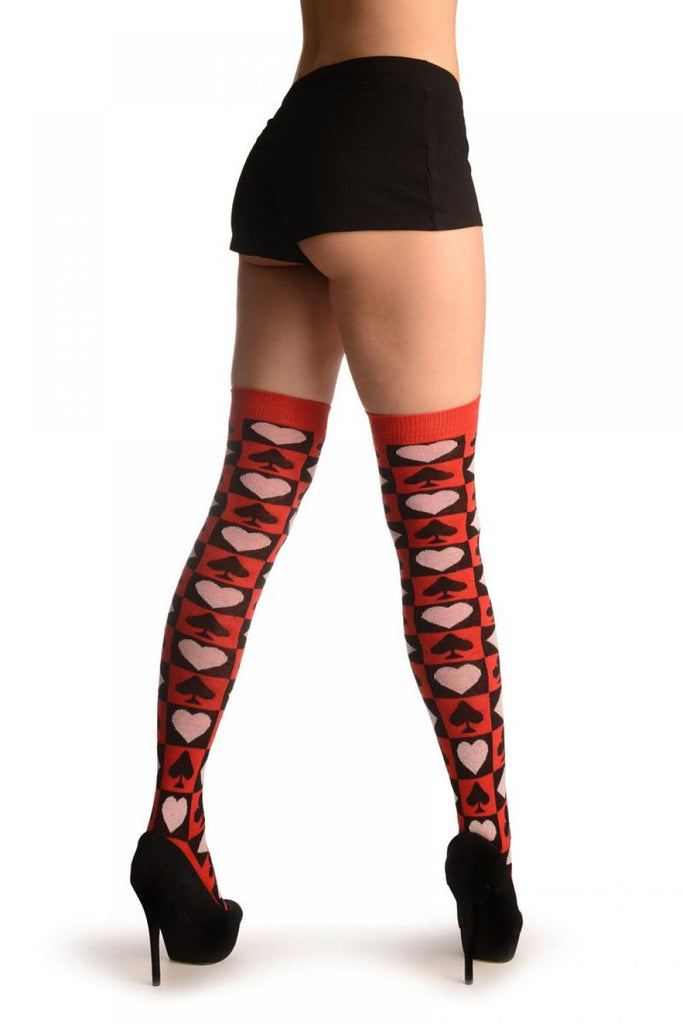 Liss Kiss Alice Wonderland Playing Cards On Red - Over The Knee Socks