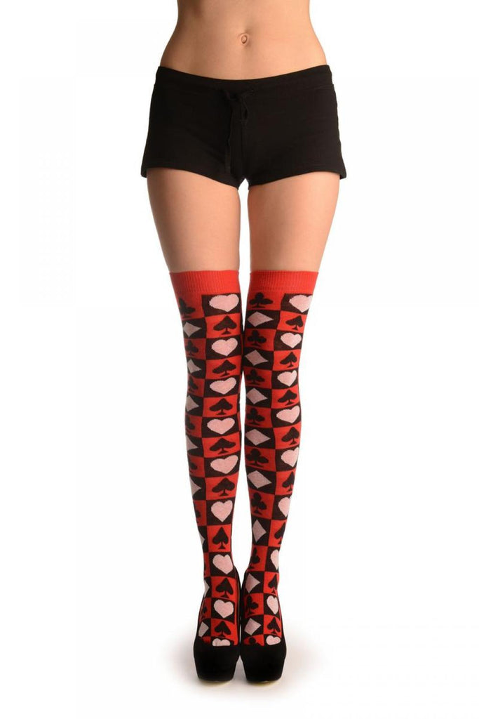 liss kiss Alice Wonderland Playing Cards On Red - Over The Knee Socks