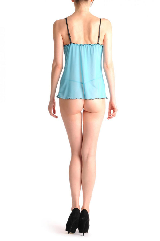 Liss Kiss Aqua Blue With Black Lace Trim Satin Bows & Matching Brief Set - Babydoll