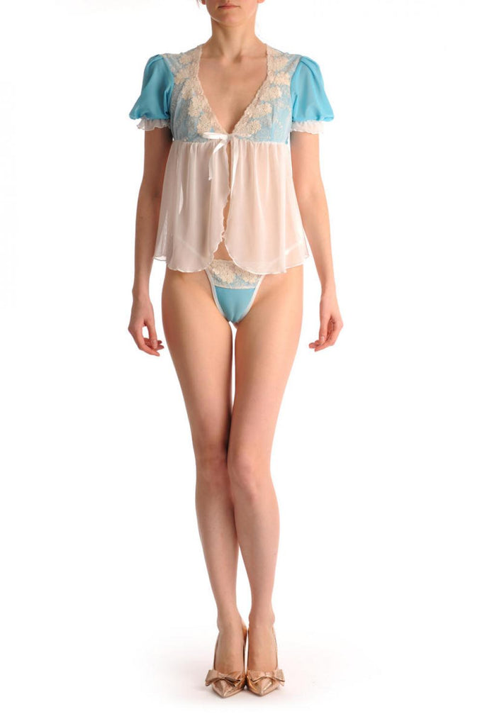 Liss Kiss Aqua Blue With Short Sleeves Cream Lace & Matching Brief Set - Babydoll