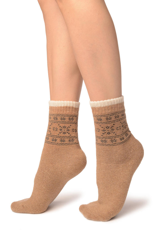 Liss Kiss Arctic Snowflakes On Beige Angora Ankle High Socks - Socks