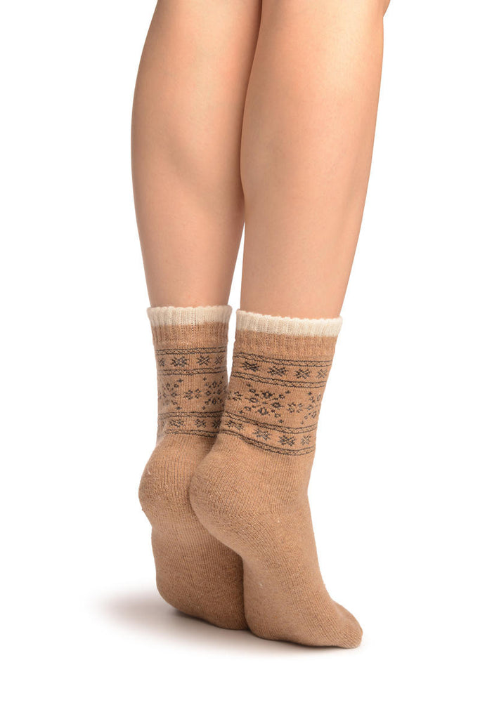 Liss Kiss Arctic Snowflakes On Beige Angora Ankle High Socks - Socks