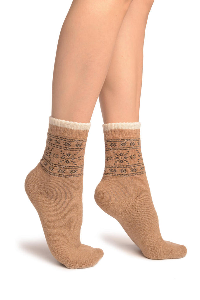 Liss Kiss Arctic Snowflakes On Beige Angora Ankle High Socks - Socks