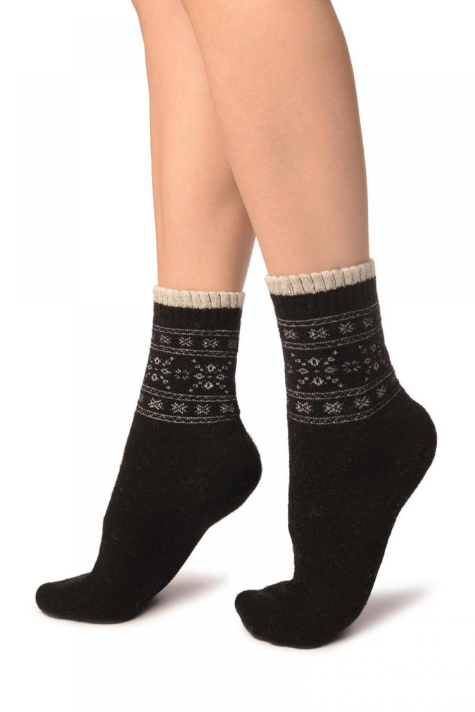 Liss Kiss Arctic Snowflakes On Black Angora Ankle High Socks - Socks