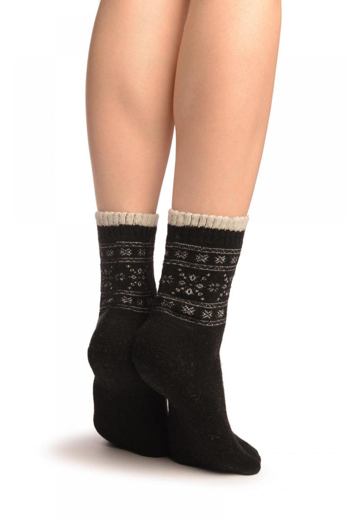 Liss Kiss Arctic Snowflakes On Black Angora Ankle High Socks - Socks