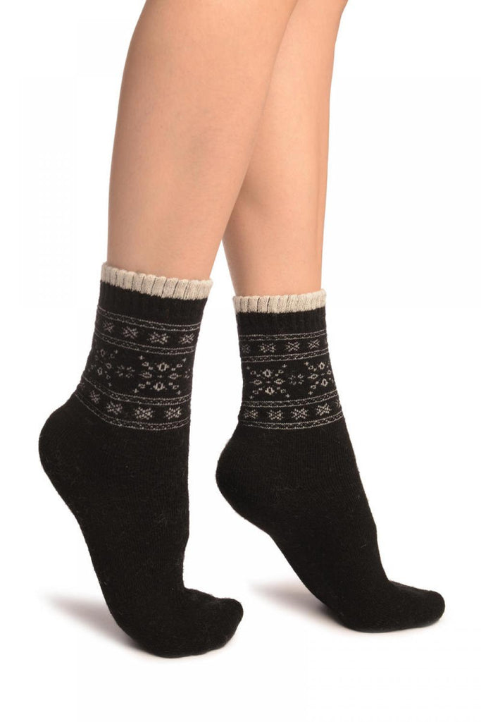 liss kiss Arctic Snowflakes On Black Angora Ankle High Socks - Socks