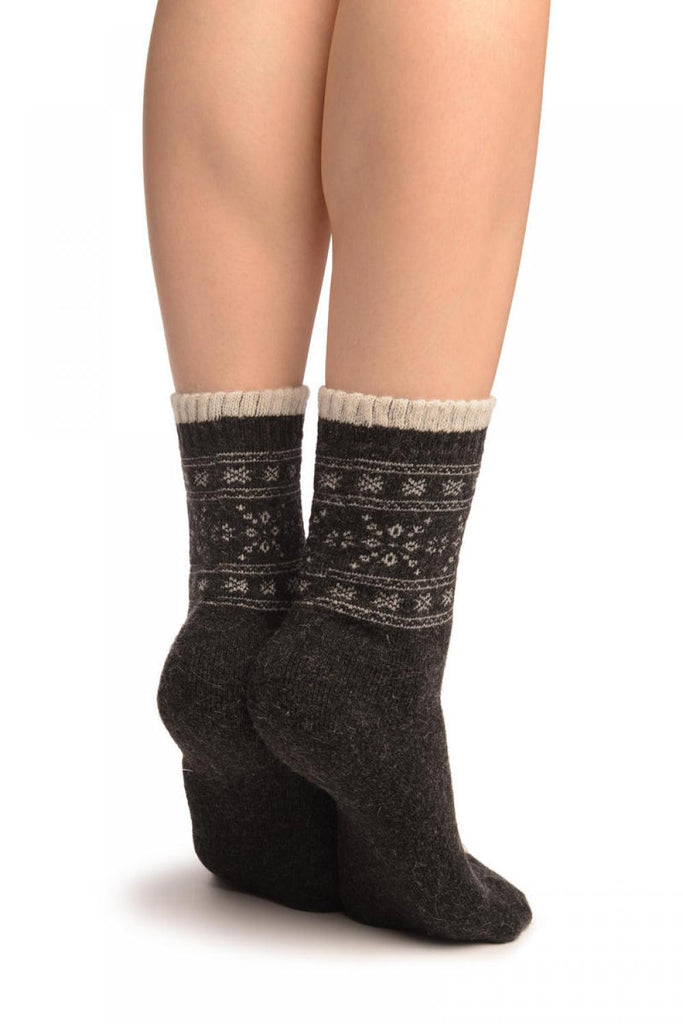 Liss Kiss Arctic Snowflakes On Dark Grey Angora Ankle High Socks - Socks