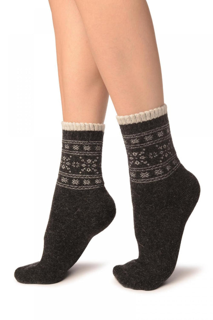 Liss Kiss Arctic Snowflakes On Dark Grey Angora Ankle High Socks - Socks