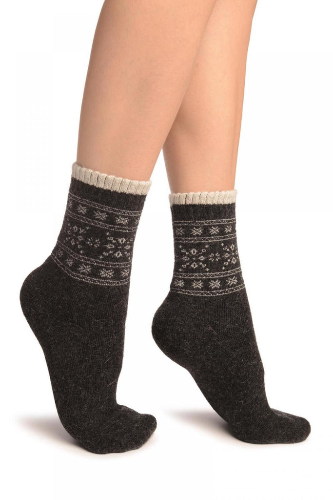 liss kiss Arctic Snowflakes On Dark Grey Angora Ankle High Socks - Socks