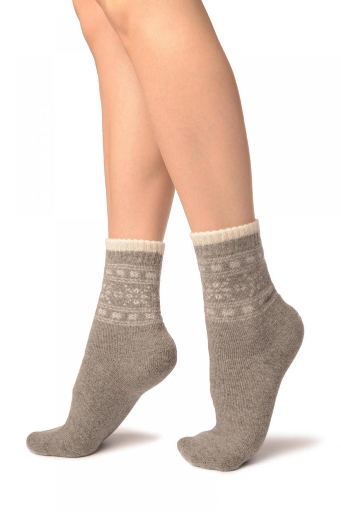 Liss Kiss Arctic Snowflakes On Grey Angora Ankle High Socks - Socks