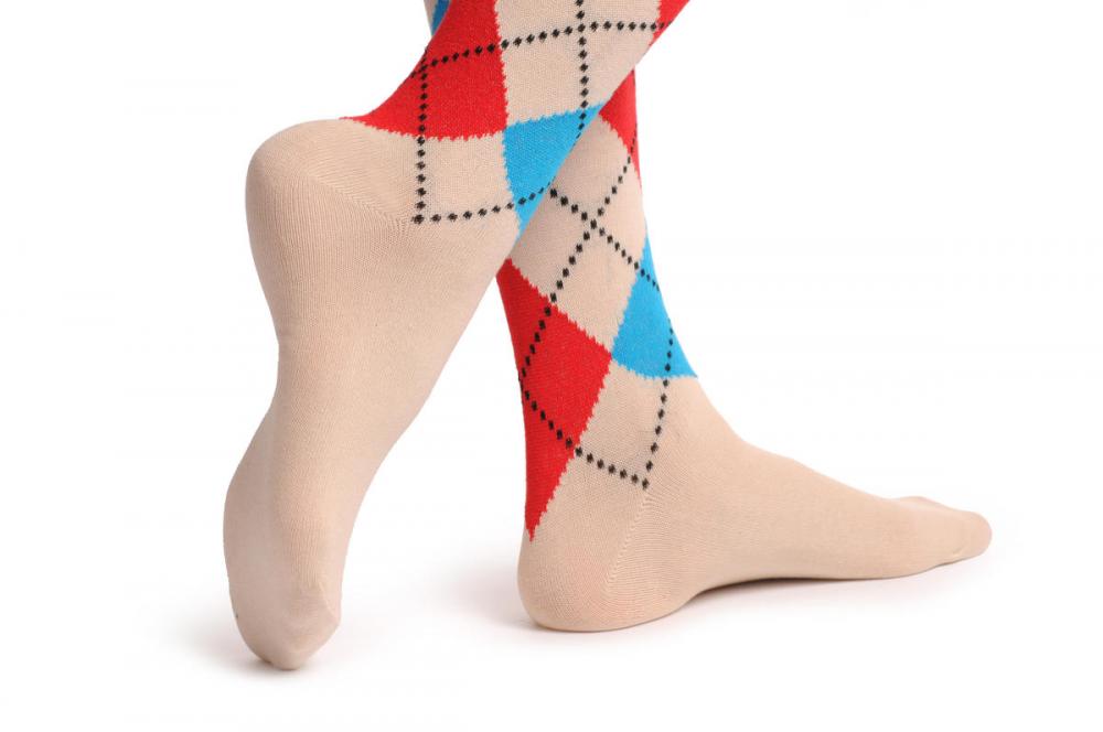 Liss Kiss Argyle Beige Blue & Red - Over The Knee Socks