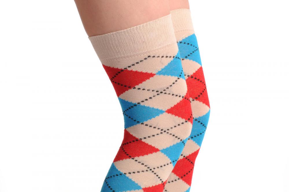 Liss Kiss Argyle Beige Blue & Red - Over The Knee Socks