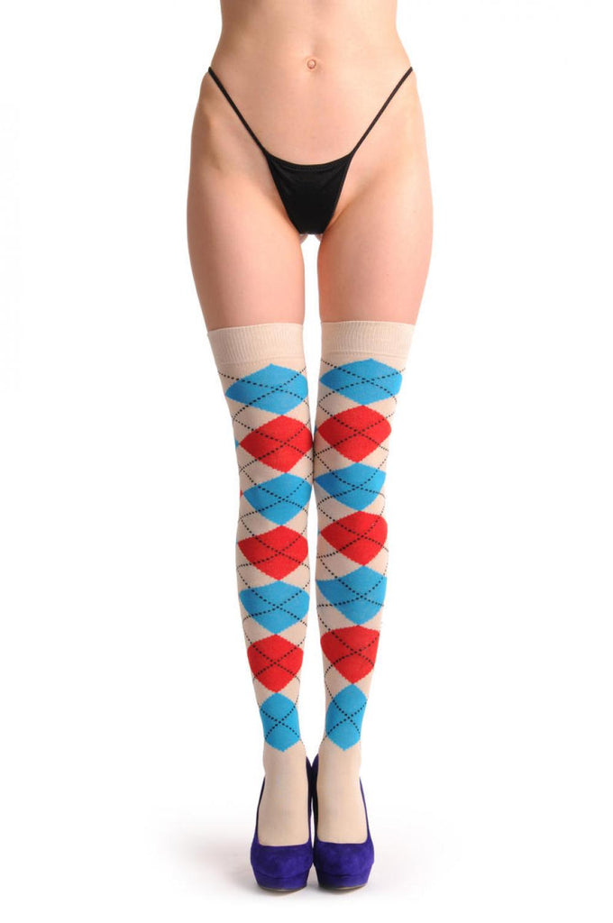 Liss Kiss Argyle Beige Blue & Red - Over The Knee Socks