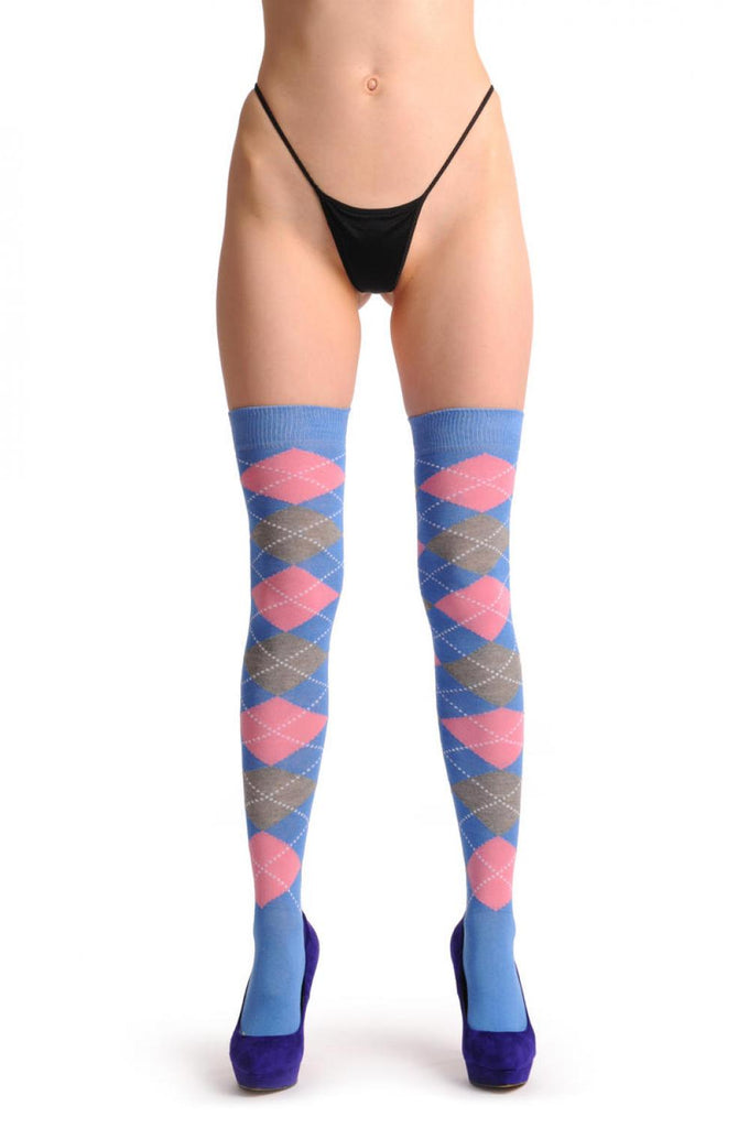 Liss Kiss Argyle Blue Grey & Pink - Over The Knee Socks