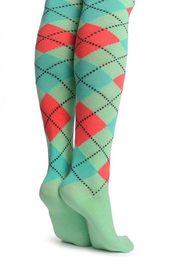 Liss Kiss Argyle Green Pink & Tiffany Blue - Over The Knee Socks