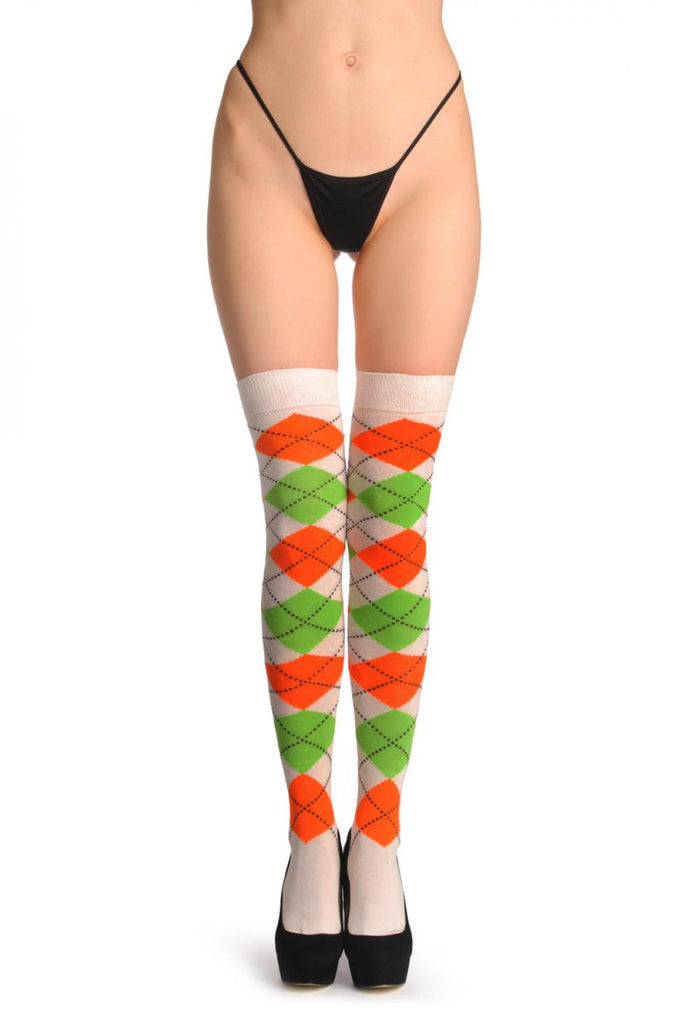 Liss Kiss Argyle Green White & Orange - Over The Knee Socks