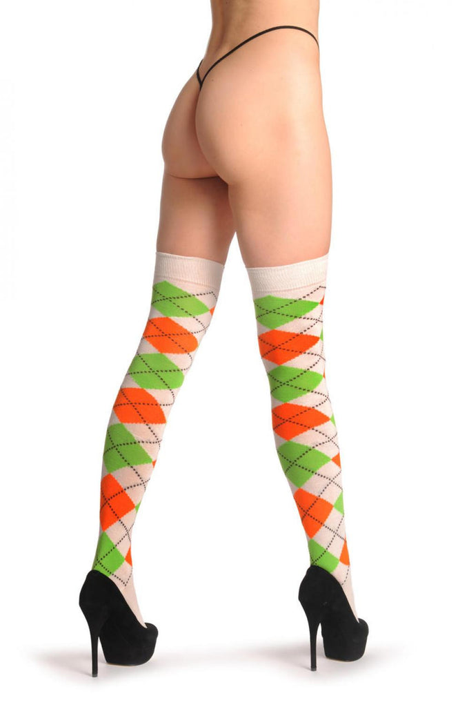 Liss Kiss Argyle Green White & Orange - Over The Knee Socks