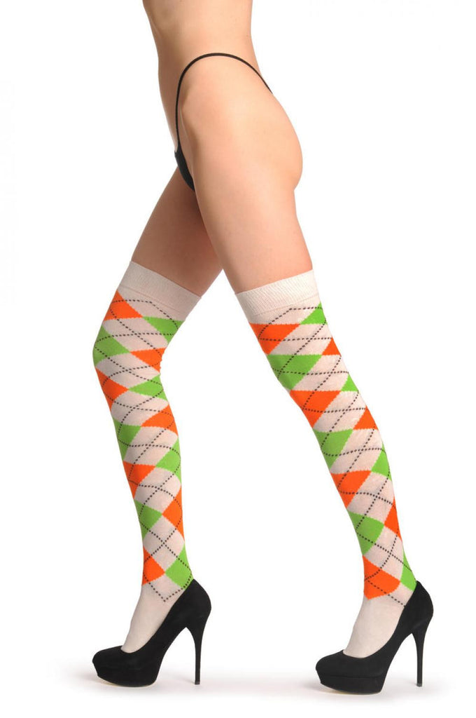 liss kiss Argyle Green White & Orange - Over The Knee Socks