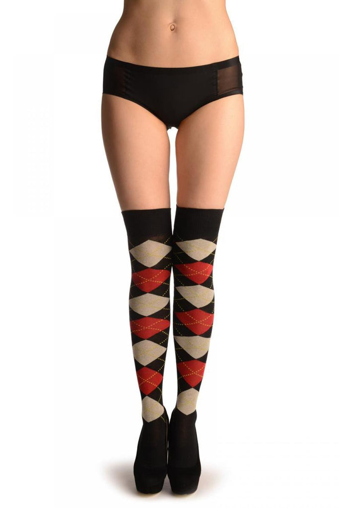 Liss Kiss Argyle Grey Red & Black - Over The Knee Socks