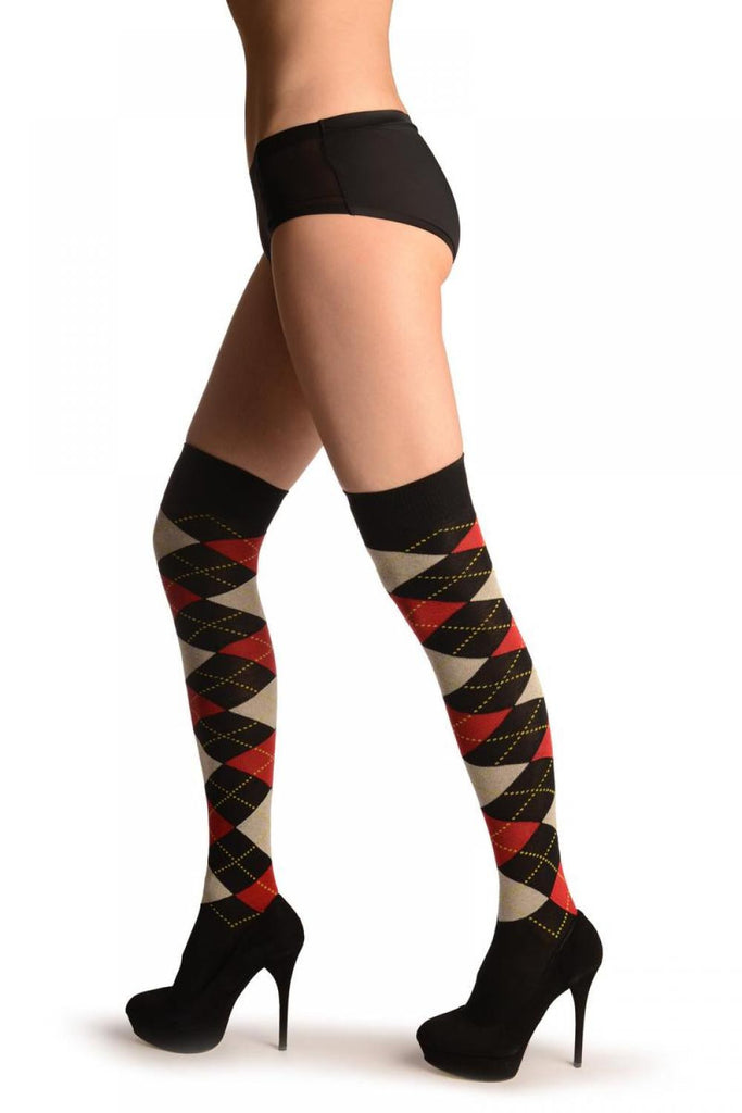 liss kiss Argyle Grey Red & Black - Over The Knee Socks