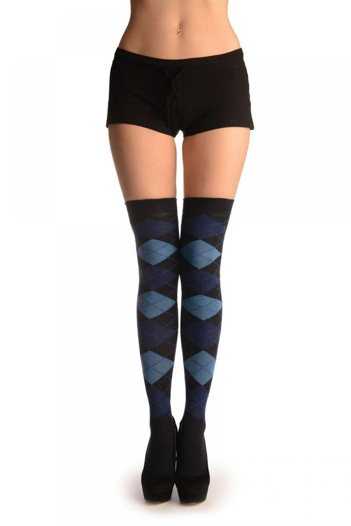 Liss Kiss Argyle Light Blue Navy Blue & Black - Over The Knee Socks