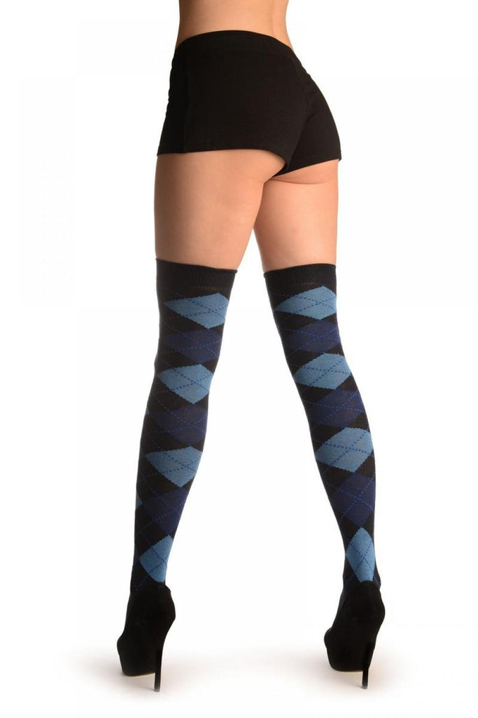 Liss Kiss Argyle Light Blue Navy Blue & Black - Over The Knee Socks