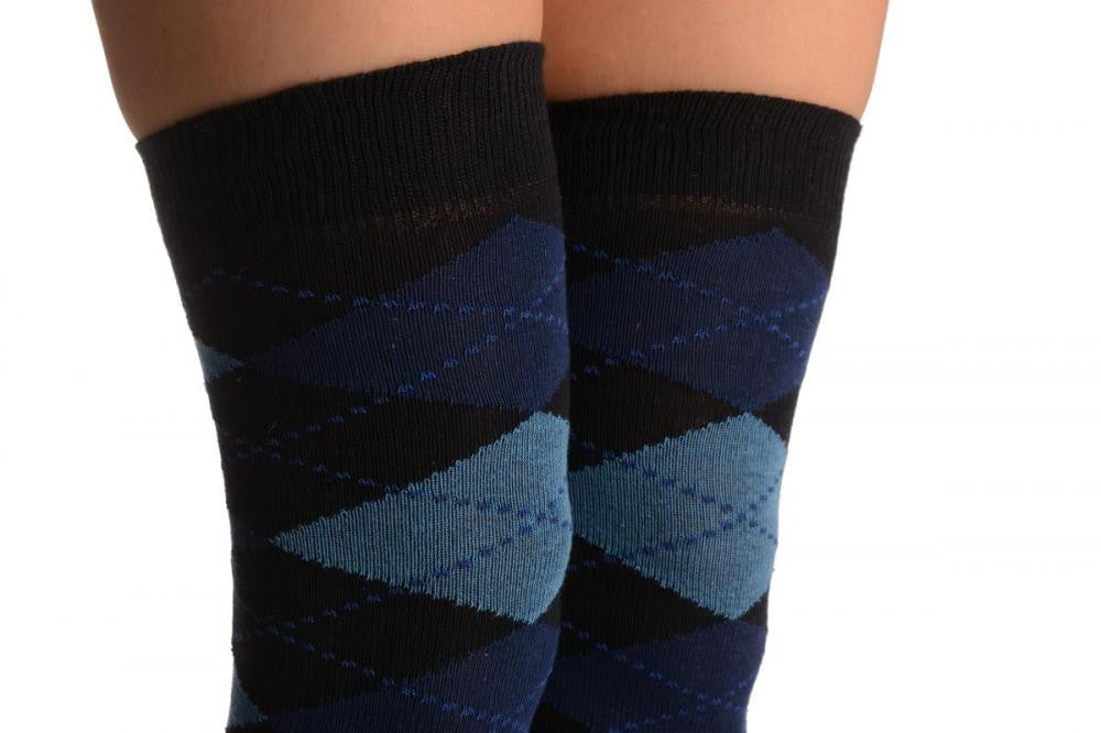 Liss Kiss Argyle Light Blue Navy Blue & Black - Over The Knee Socks