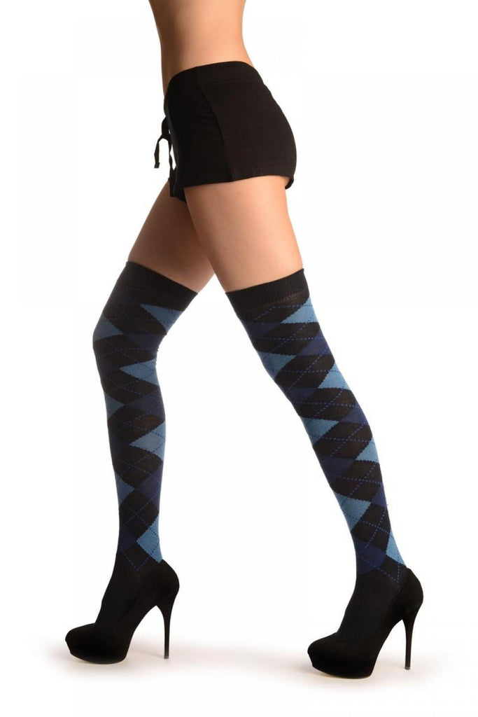 Liss Kiss Argyle Light Blue Navy Blue & Black - Over The Knee Socks