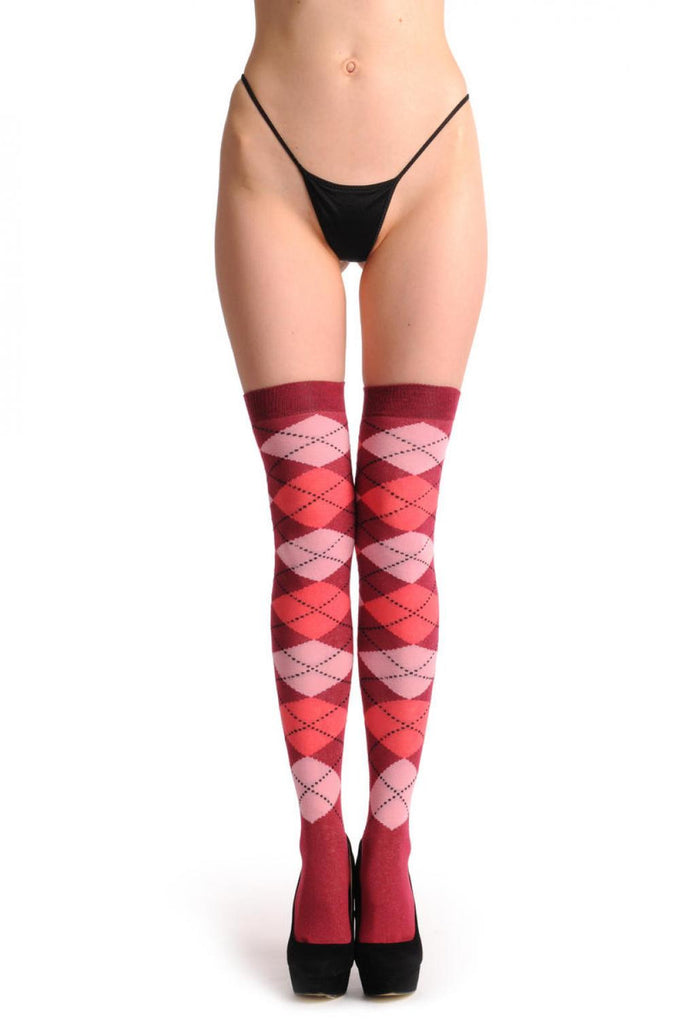 Liss Kiss Argyle Light Pink Pink & Dark Red - Over The Knee Socks