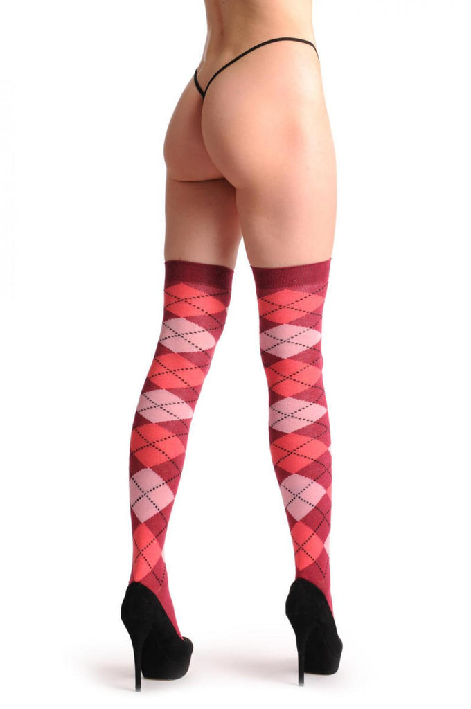 Liss Kiss Argyle Light Pink Pink & Dark Red - Over The Knee Socks