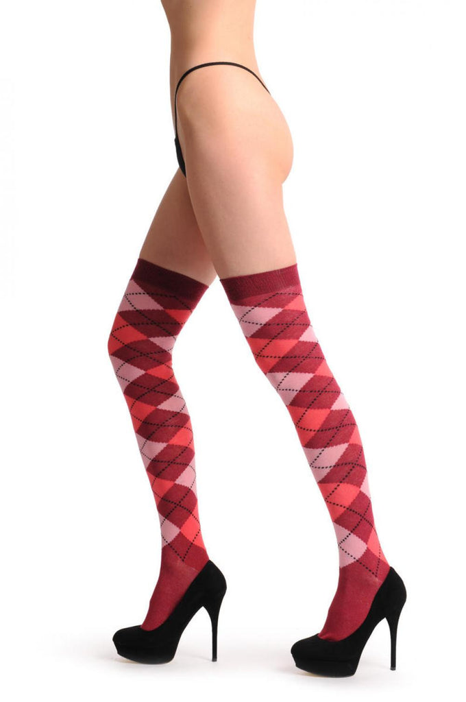 liss kiss Argyle Light Pink Pink & Dark Red - Over The Knee Socks