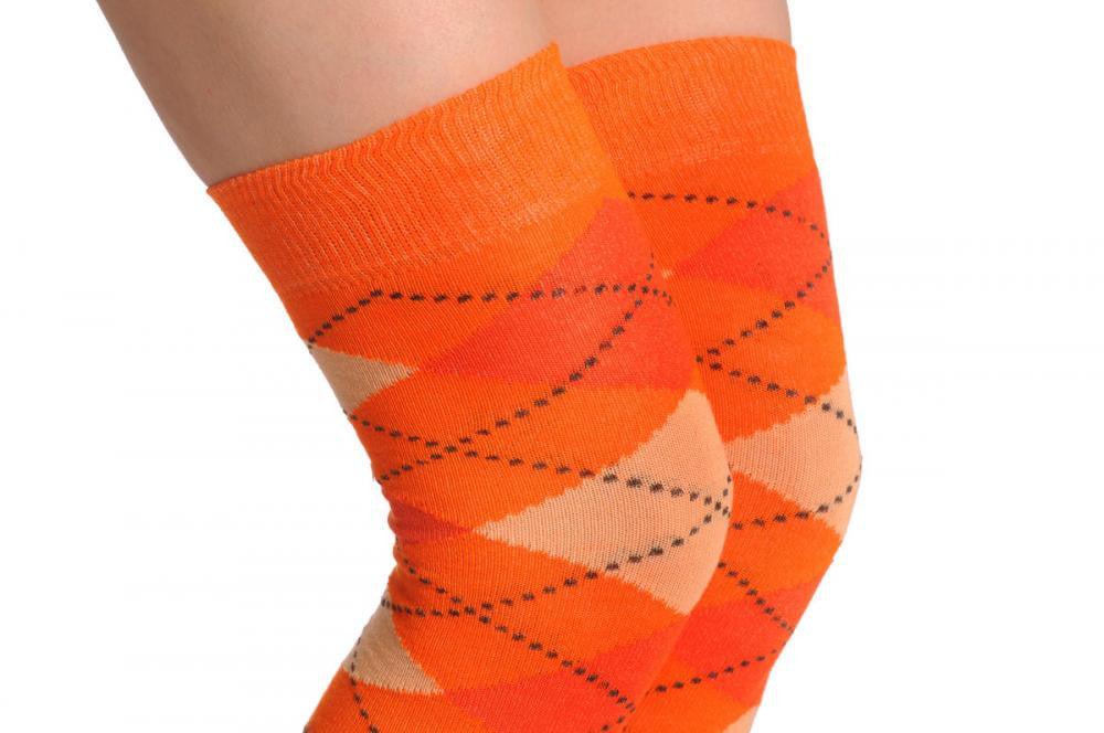 Liss Kiss Argyle Peach Orange & Dark Orange - Over The Knee Socks