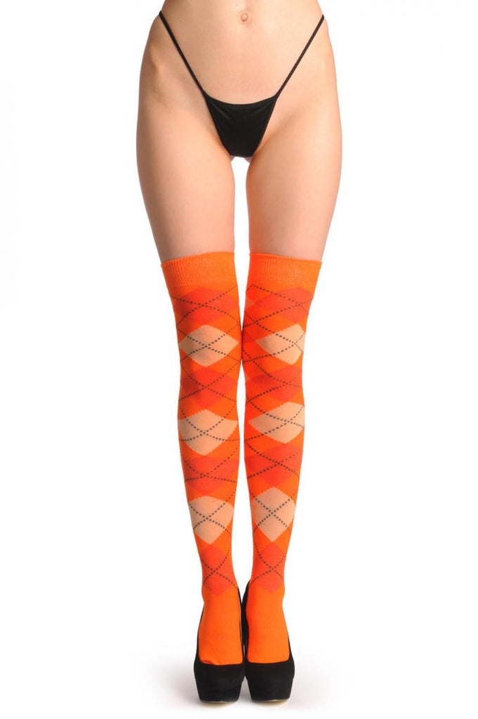 Liss Kiss Argyle Peach Orange & Dark Orange - Over The Knee Socks
