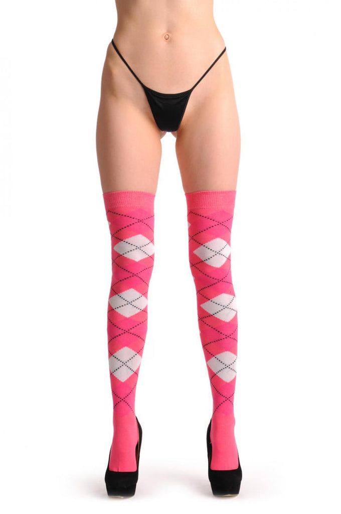 Liss Kiss Argyle Pink White & Fluorescent Pink - Over The Knee Socks