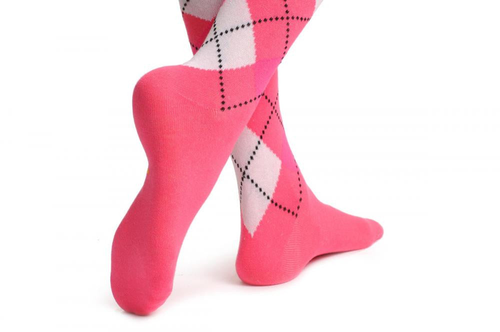 Liss Kiss Argyle Pink White & Fluorescent Pink - Over The Knee Socks