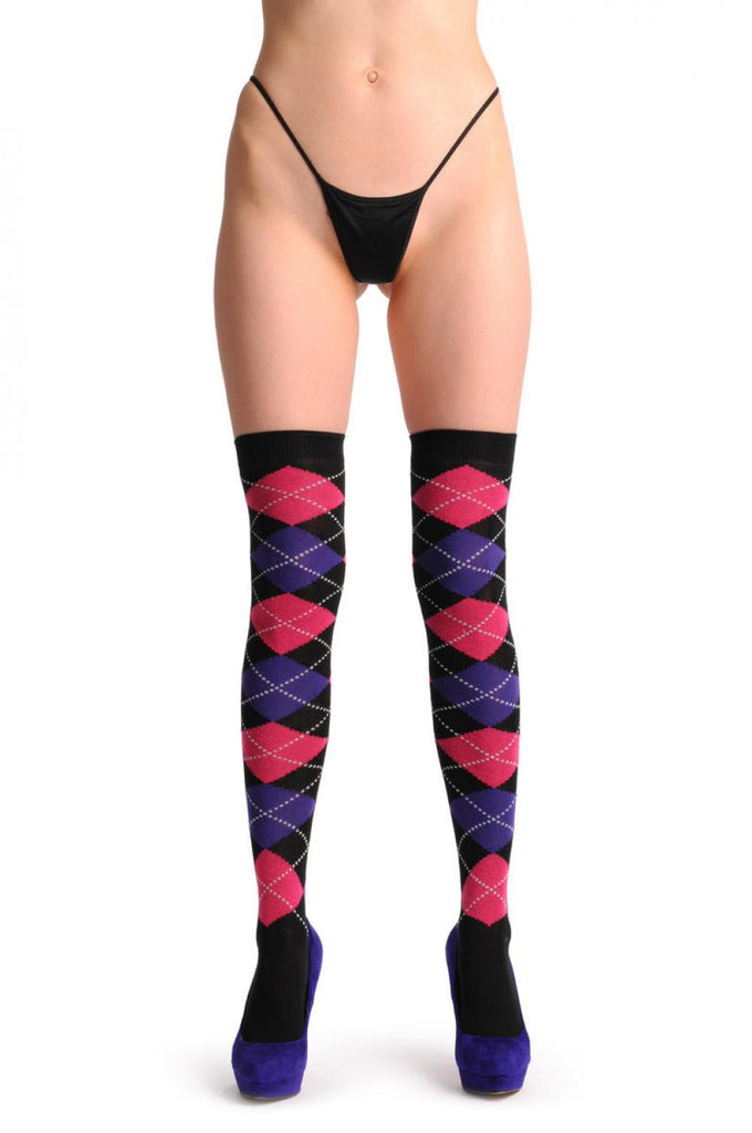 Liss Kiss Argyle Purple Pink & Black - Over The Knee Socks