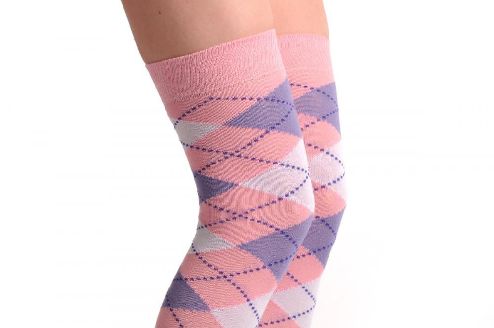 Liss Kiss Argyle Purple White & Pink - Over The Knee Socks