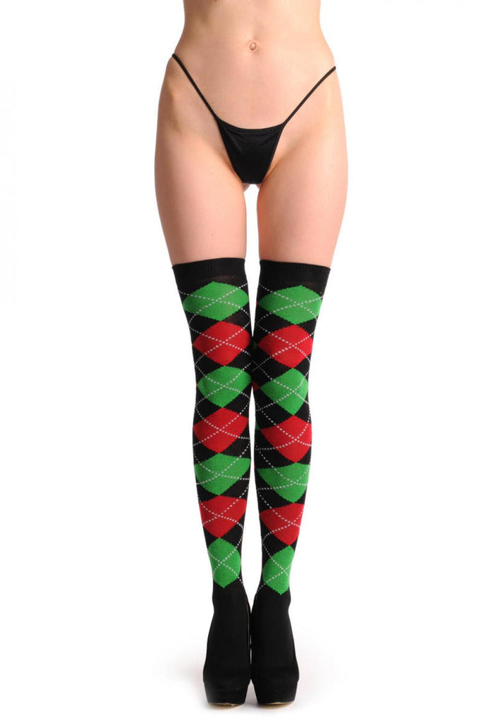 Liss Kiss Argyle Red Green & Black - Over The Knee Socks