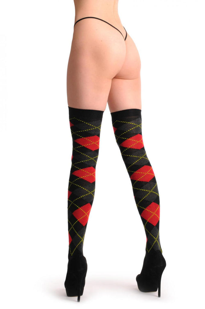 Liss Kiss Argyle Red Grey & Black - Over The Knee Socks