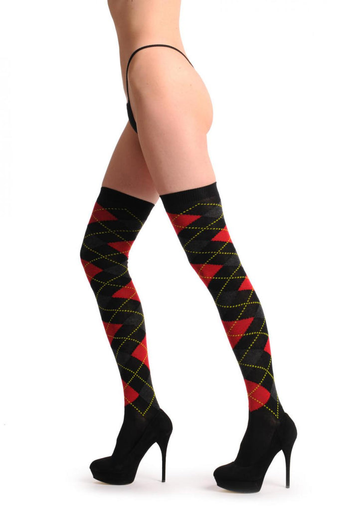 liss kiss Argyle Red Grey & Black - Over The Knee Socks