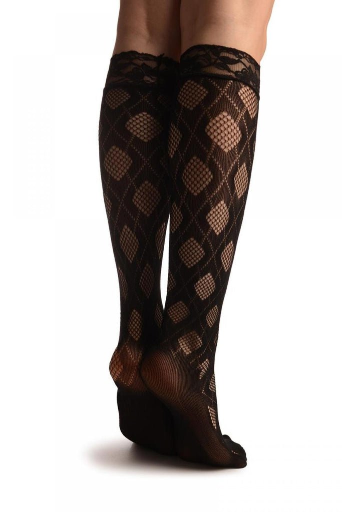 Liss Kiss Argyle Rombs Black Lace Knee High Socks - Socks