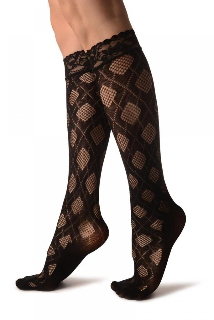 Liss Kiss Argyle Rombs Black Lace Knee High Socks - Socks