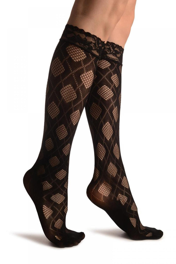 Liss Kiss Argyle Rombs Black Lace Knee High Socks - Socks