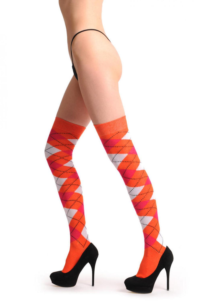 liss kiss Argyle White Orange & Red - Over The Knee Socks